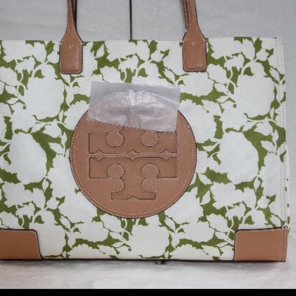 NWT Tory Burch 151611 Ella Nylon Floral Tote Green Bold Flower Large Logo Bag - Picture 3 of 8